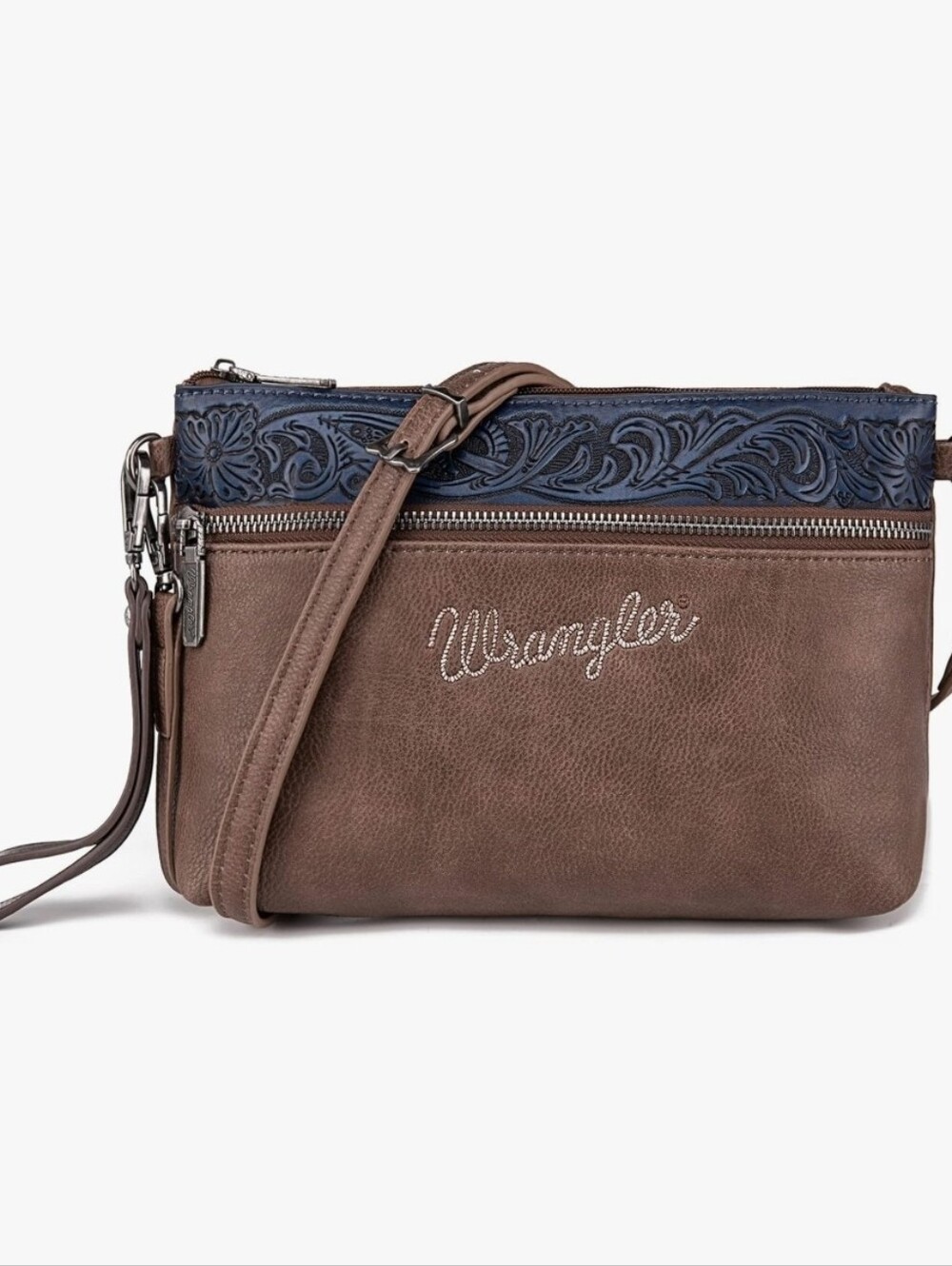 Wrangler Brown with Navy Embossed Trim Crossbody Bag